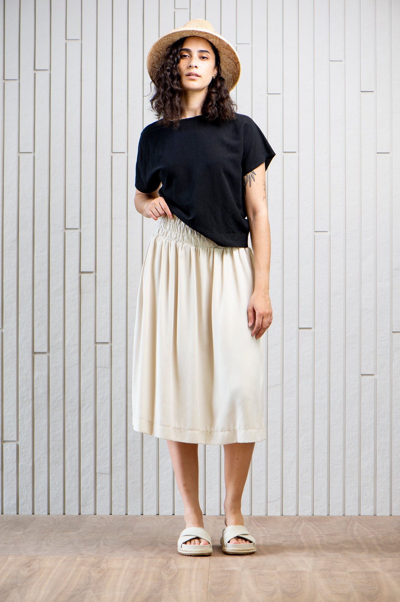 nassau-shirred-skirt-tencel-Canadian-designer-pockets-beige